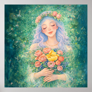 Träumender Engel mit Blumen – Sanfte grüne Fantasy Poster