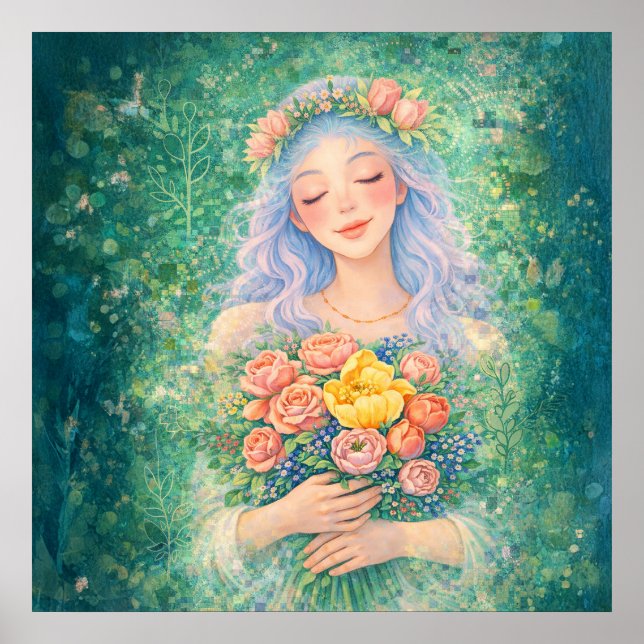 Träumender Engel mit Blumen – Sanfte grüne Fantasy Poster (Vorne)