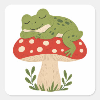 Träumender Frosch auf rotem Pilz Quadratischer Aufkleber