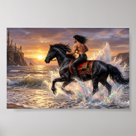 Träumender Mann auf einem Pferd am Strand bei Sonn Poster