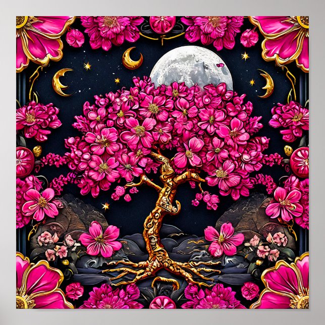 Träumender Rosa Baum und Mond Whimsical Fantasy Ku Poster (Vorne)