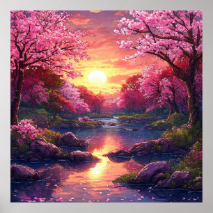 🌸 Träumender rosa Blütenbaum Sonnenuntergang See Poster