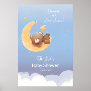 Träumender Teddybär Mond Sanft Blau Baby Shower Poster