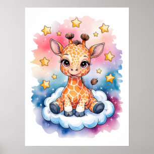 Träumendes Baby-Giraffe auf einer Wolke - Aquarell Poster