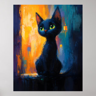 Träumendes Kätzchen, Schwarze Katze Malerei Poster