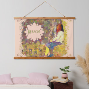 Träumendes Mädchen an der Wand Abstrakte farbenfro Wandteppich Mit Holzrahmen