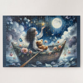 Träumendes Mädchen rudert Boot Mondlicht-Fantasie- Puzzle