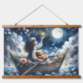 Träumendes Mädchen rudert Boot Mondlicht-Fantasie- Wandteppich Mit Holzrahmen