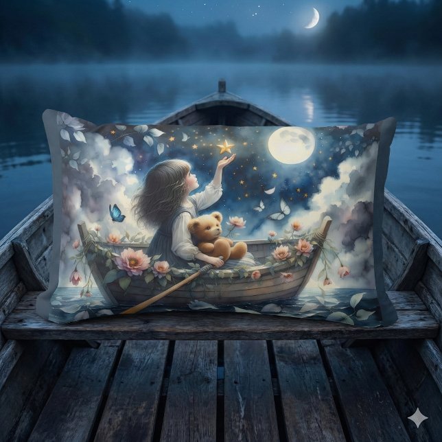 Träumendes Mädchen rudert Boot Mondscheinfantasie  Lendenkissen (Dreamy Girl Rowing Boat Moonlit Fantasy Scene Lumbar Pillow Mockup C)
