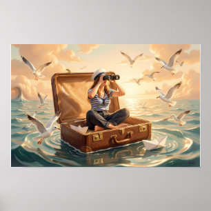 Träumer auf hoher See in einem schwebenden Koffer Poster