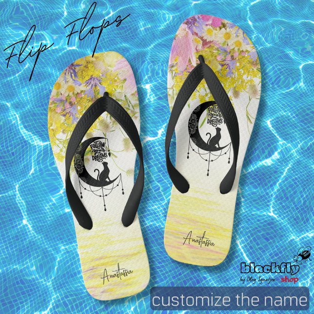 Träumer mit Katze | Folgen Sie Ihrem Traumstrand Flip Flops (Von Creator hochgeladen)