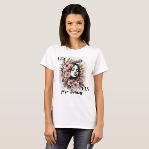Träumerische Frau mit Blumen und motivierendem Zit T-Shirt