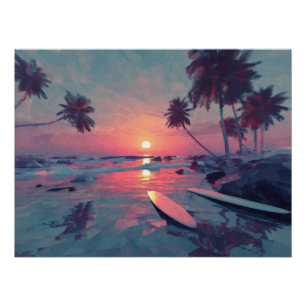 Träumerische Retro-Sonnenuntergangs-Insel-Kunst Poster