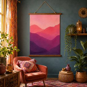 Träumerische rosa lila Berglandschaft Wandteppich Mit Holzrahmen