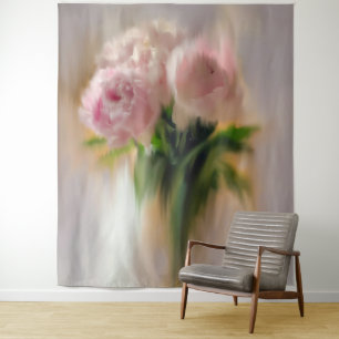 Träumerische rosa Pfingstrosen in weißer Vase Wandteppich
