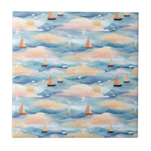 Träumerische Segelboote Ozean Aquarellmuster (5) Fliese