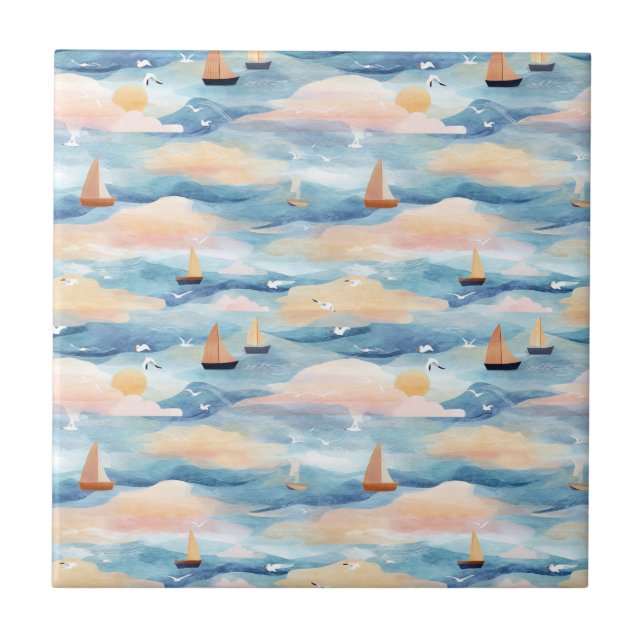 Träumerische Segelboote Ozean Aquarellmuster (5) Fliese (Vorderseite)