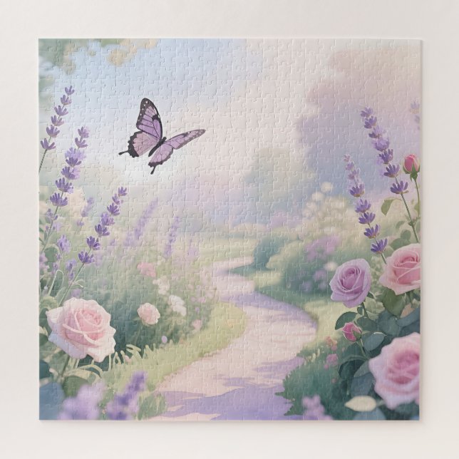 Träumerischer Lavendelrosengarten-Schmetterlingspf Puzzle (Vertikal)