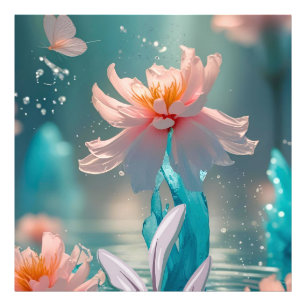 Träumerischer Rosa Lotus und Schmetterling in Aqua Fotodruck
