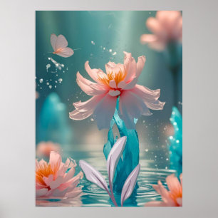 Träumerischer Rosa Lotus und Schmetterling in Aqua Poster
