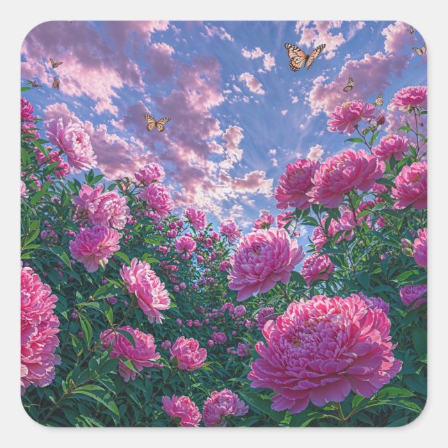 Träumerischer rosa Pfingstrosengarten und Schmette Quadratischer Aufkleber (Vorderseite)
