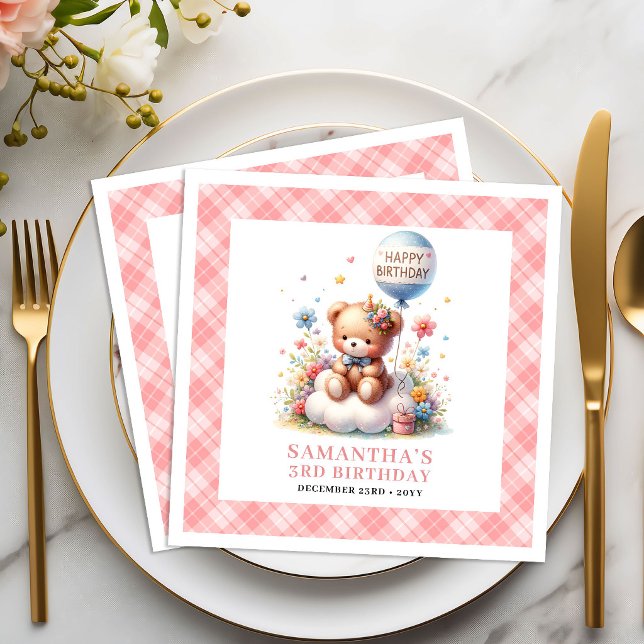 Träumerischer Teddybär Ballon Röte Blumen Geburtst Serviette (Dreamy teddy bear balloon blush floral birthday napkins

)
