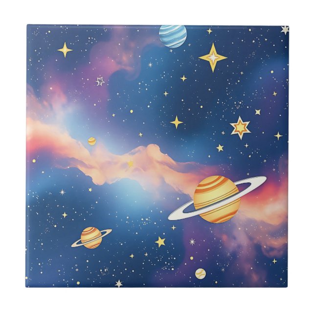 Träumerisches Galaxien-Planeten-Sterne-Muster Fliese (Vorderseite)