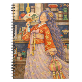 Träumerisches koreanisches Hanbok-Mädchen mit Fäch Notizblock