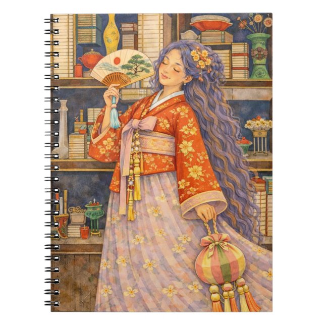 Träumerisches koreanisches Hanbok-Mädchen mit Fäch Notizblock (Vorderseite)