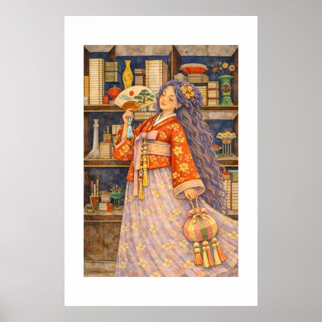 Träumerisches koreanisches Hanbok-Mädchen mit Fäch Poster (Vorne)