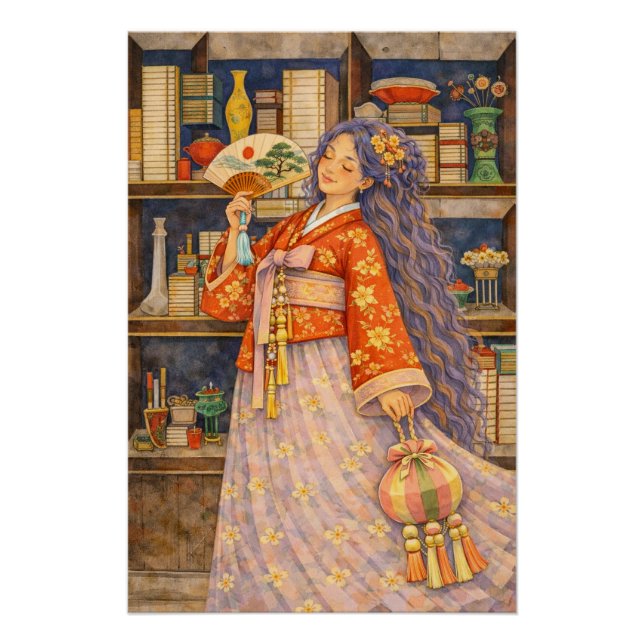 Träumerisches koreanisches Hanbok-Mädchen mit Fäch Poster (Vorderseite)