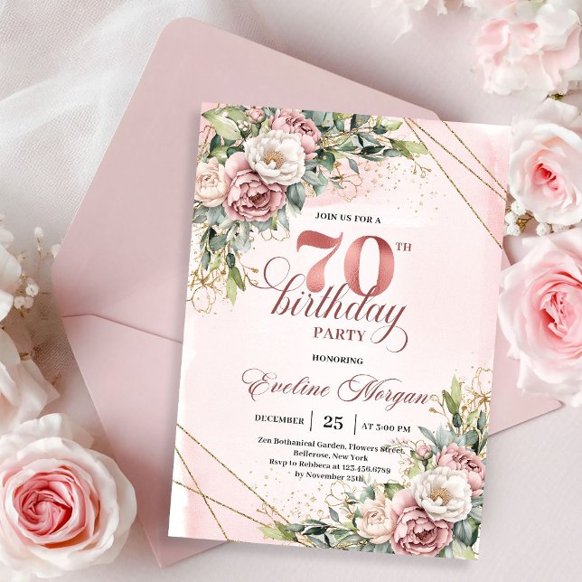 Träumerisches Roségold Florales Grün zum 70. Gebur Einladung (Dreamy Rose Gold Floral Greenery 70th Birthday Invitation)