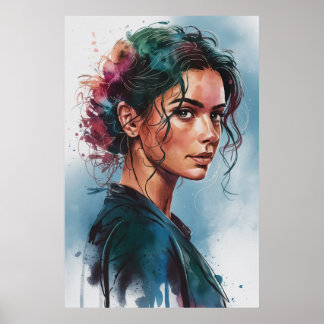 Träumerisches Wasserfarben-Frauenporträt mit farbe Poster