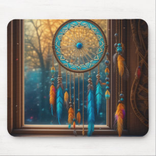 Traumfänger in einem Fenster mit Herbstlaub Mousepad