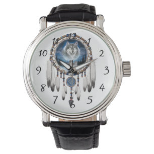 Traumfänger mit Wolfhintergrund Armbanduhr