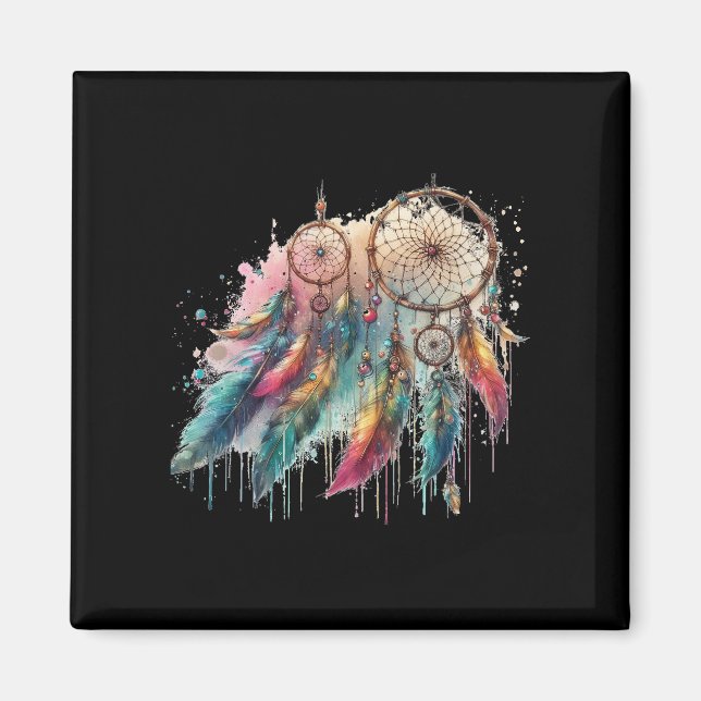 Traumfänger und mehrfarbige Federn Magnet (Vorne)