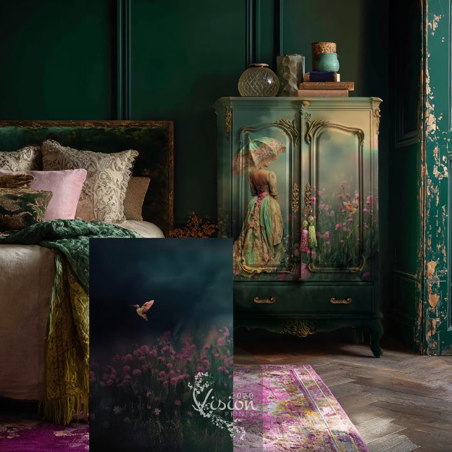 Traumfeld, dunkle Smaragdgrün, Hummingbird Seidenpapier (Field of Dreams Hummingbird & Floral, Emerald Green & Fuchsia Plum Landscape Decoupage Tissue Paper.)