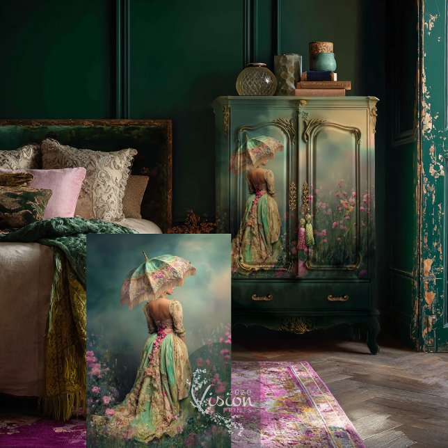 Traumfeld, Portrait & Parasol, Smaragdgrün Seidenpapier (Field of dreams, Elegant Woman, portrait Parasol, Dark Emerald Green, Pink Lime highlights Decoupage)