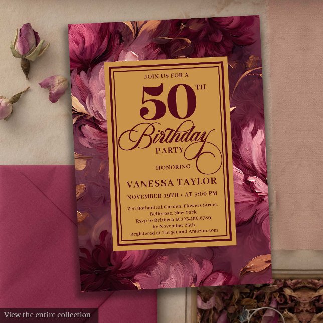 Traumhaft Marsala rot goldene Blüte 50. Geburtstag Einladung (Dreamy marsala blush gold floral 50th birthday invite

)
