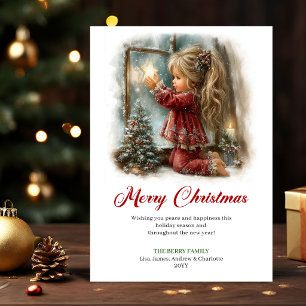 Traumhaft süße kleine Mädchen Weihnachtsszene Gruß Feiertagskarte