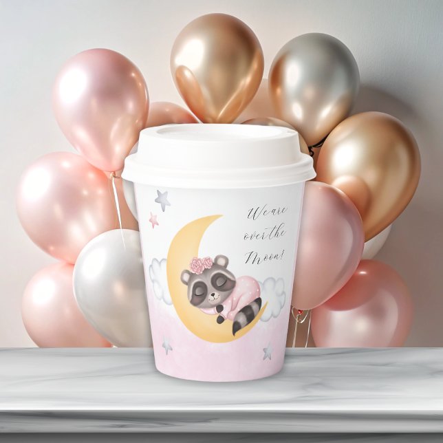 Traumhaft über der Mond Raccoon Girl Baby Dusche Pappbecher (Dreamy Over the Moon Raccoon Girl Baby Shower Paper Cups)