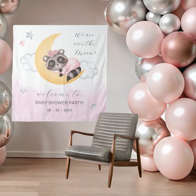Traumhaft über der Mond Raccoon Girl Baby Dusche Wandteppich (Dreamy Over the Moon Raccoon Girl Baby Shower Tapestry)