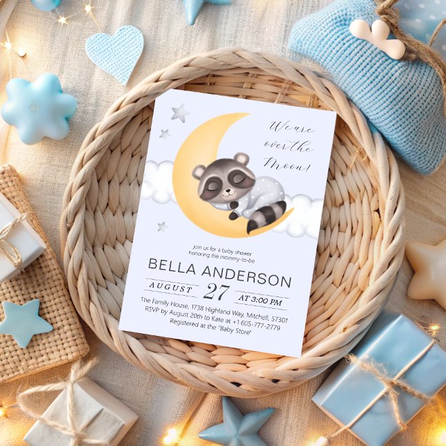 Traumhaft über der Moon Raccoon Baby Dusche Einladung (Dreamy Over the Moon Raccoon Boy Baby Shower Invitation)
