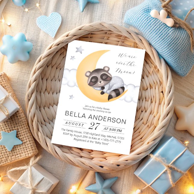 Traumhaft über der Moon Raccoon Baby Dusche Einladung (Dreamy Over the Moon Raccoon Boy Baby Shower Invitation)