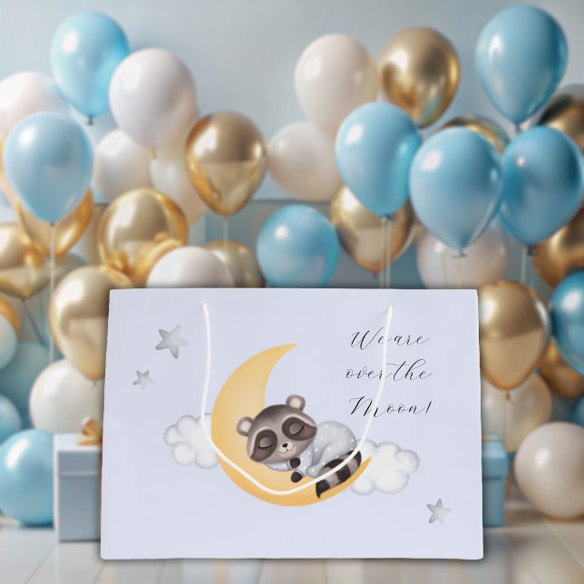 Traumhaft über der Moon Raccoon Baby Dusche Große Geschenktüte (Dreamy Over the Moon Raccoon Boy Baby Shower Large Gift Bag)