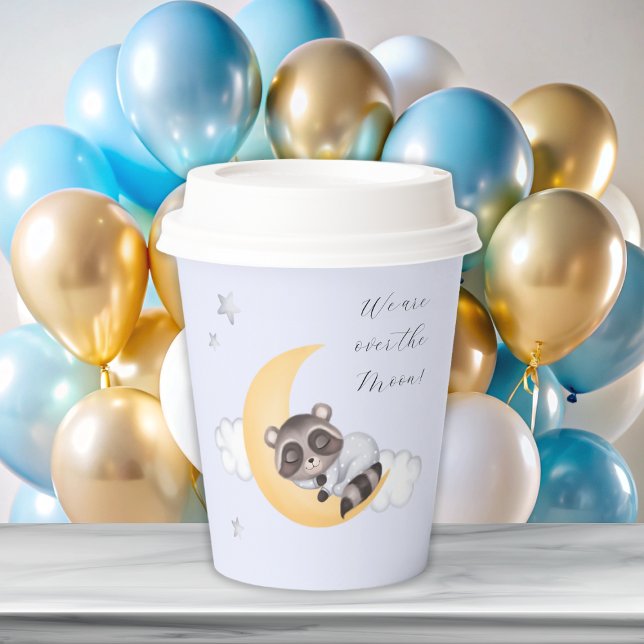 Traumhaft über der Moon Raccoon Baby Dusche Pappbecher (Dreamy Over the Moon Raccoon Boy Baby Shower Paper Cups)