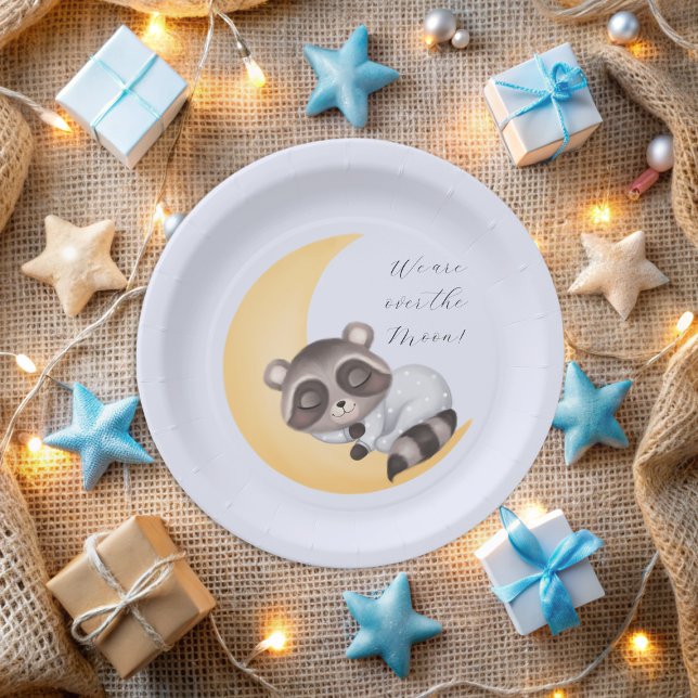 Traumhaft über der Moon Raccoon Baby Dusche Pappteller (Dreamy Over the Moon Raccoon Boy Baby Shower Paper Plates)