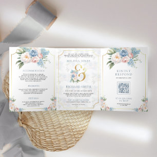 Traumhaft weiches Blau Rosa Florales Brautkleid Dreifach Gefaltete Einladung