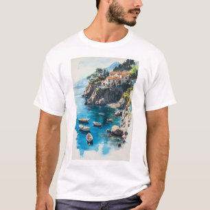 Traumhafte Amalfiküste: Wasserfarben-Malereidesign T-Shirt