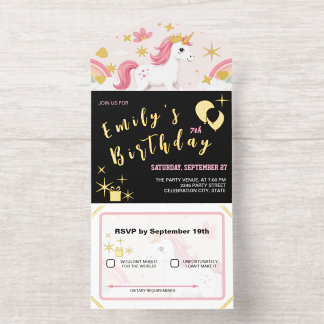 Traumhafte Einhörner, Regenbögen, Blumen / Geburts All-in-One-Einladung